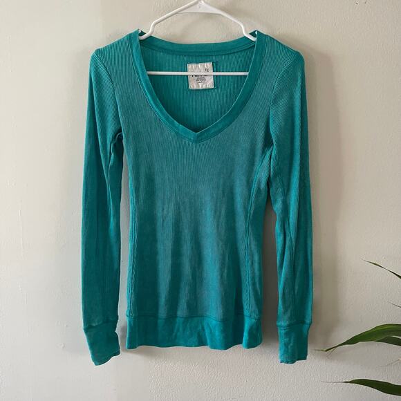 Vintage Kirra Y2K Thermal Babydoll Top Womens Small Green V-Neck Long Sleeve - Picture 1 of 7